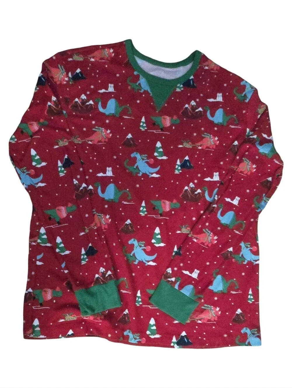 Men's Red Holiday Dinosaur Print Jammie Shirt Sweater Holiday Christmas Size L